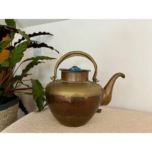 Vintage Copper & Brass Tea Kettle Teapot with Ceramic Knob Detail Kitchen decor